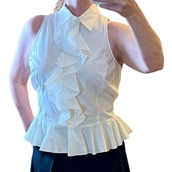 RALPH LAUREN White Ruffle Neck Button Down Sleeveless Peplum classic 14 XL - Picture 2 of 8